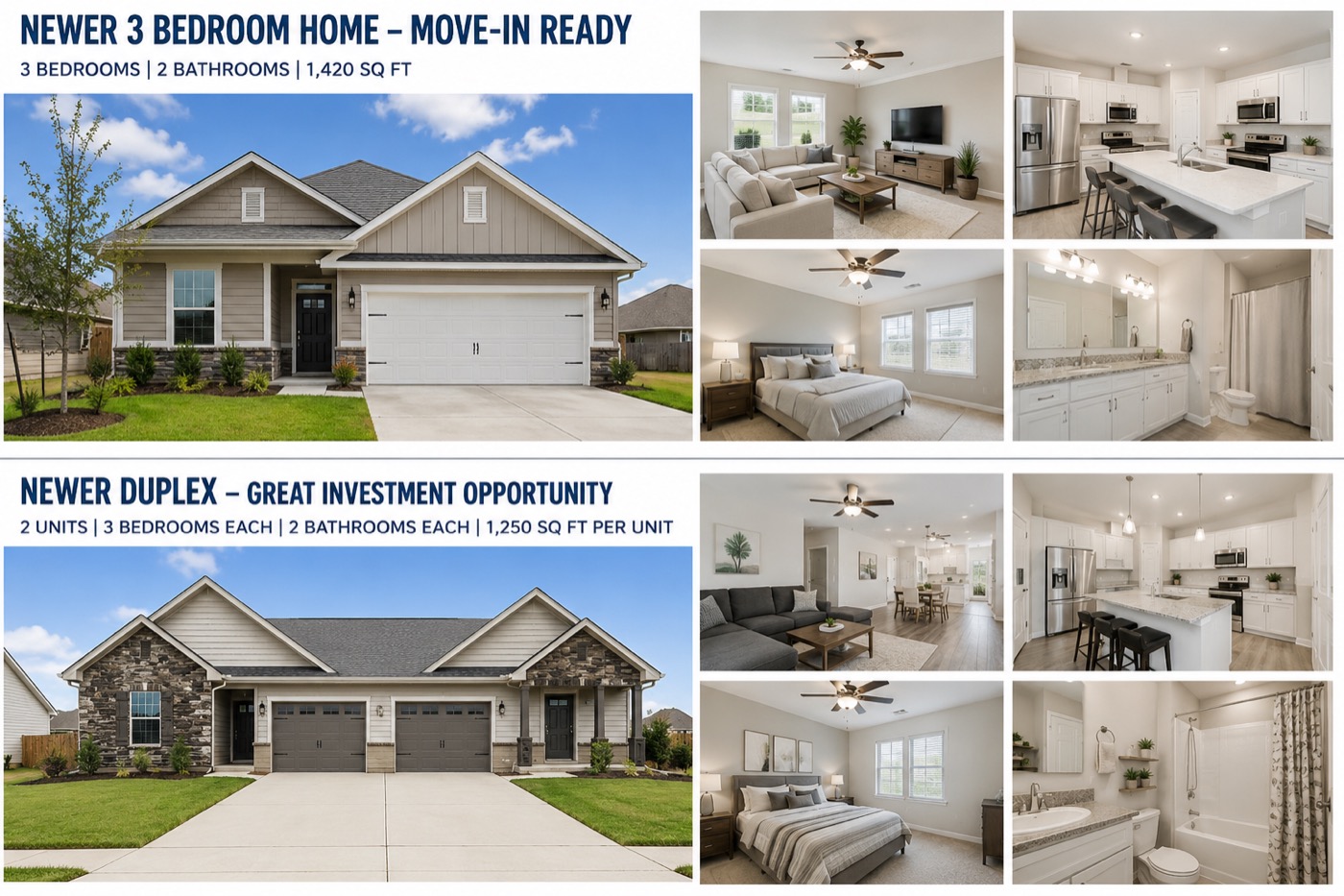 Example listings: a move-in-ready 3-bedroom home and a newer duplex, with specs and interior photos